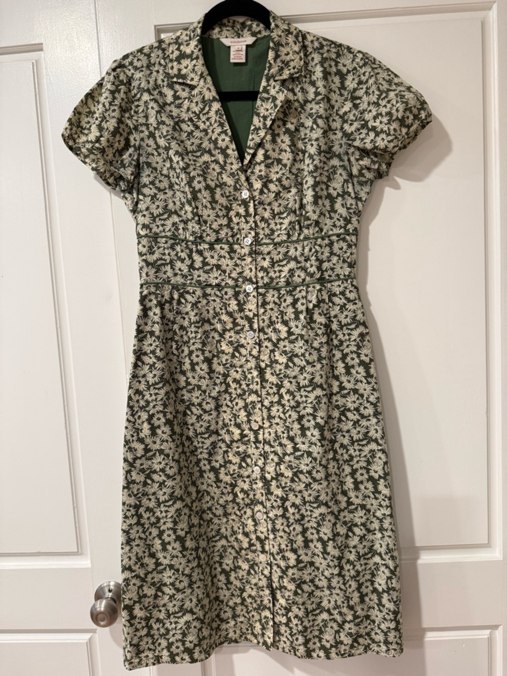 Sundance Green and Cream Floral Midi Button-Front Dress